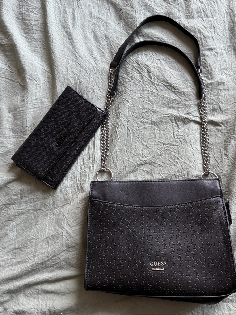 Guess Bundle! Black Embossed Chain Shoulder Bag with Wallet